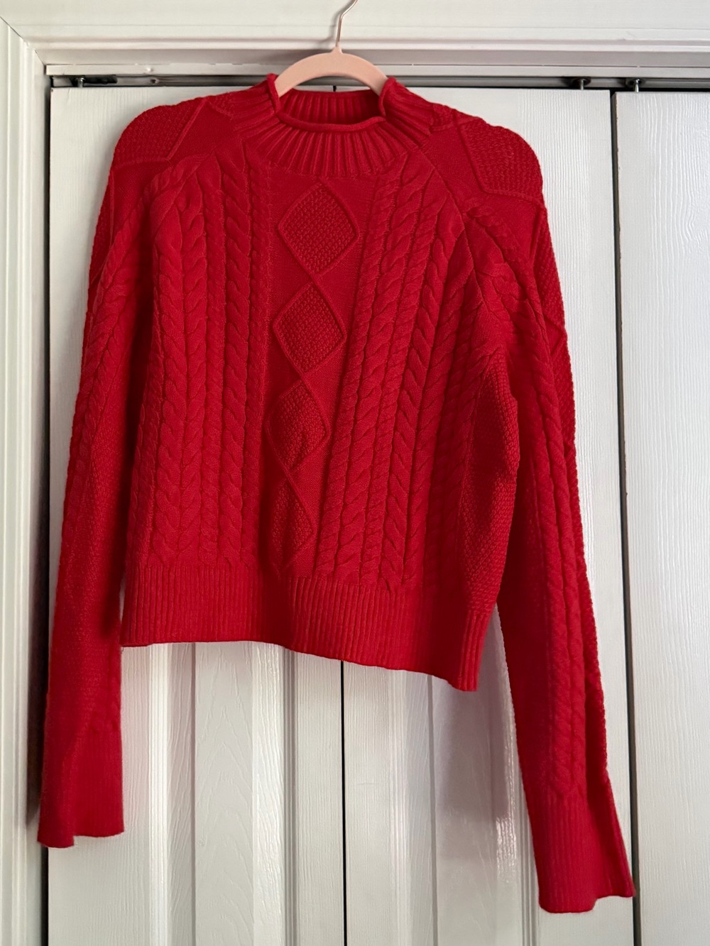 Women's Red Cable-Knit Turtleneck Sweater